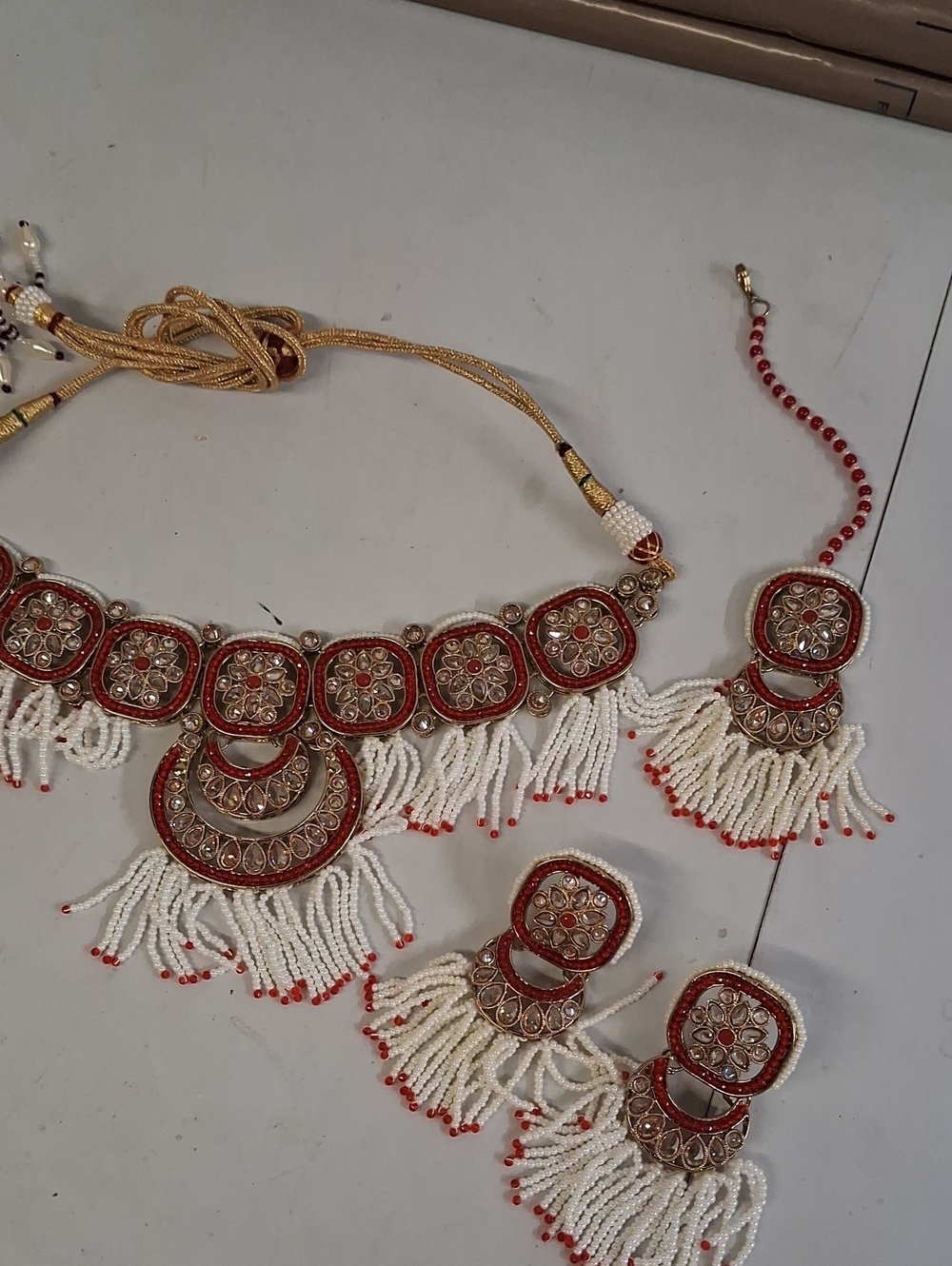NWT Pakistani Bridal Choker Necklace Set Red Gold White